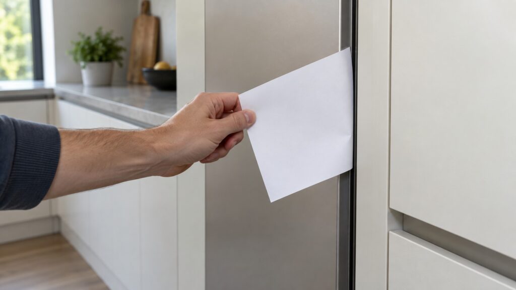 A hand pulling a sheet of paper that is held shut in the closed door of a built-in refrigerator