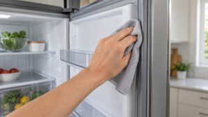A hand wiping the rubber seal around an open refrigerator door with a soft cloth