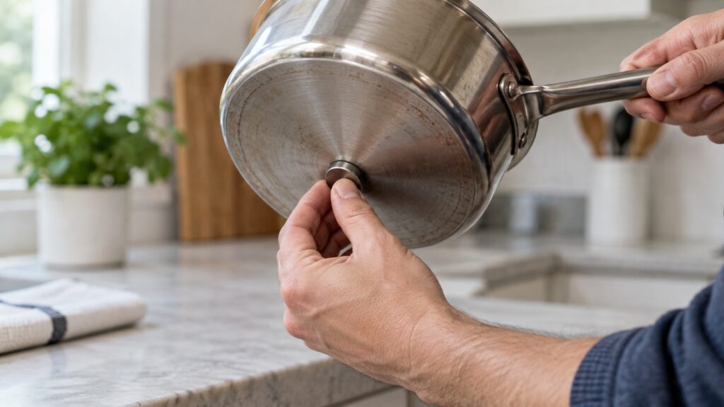 A small magnet held against the underside of a saucepan to test whether it is magnetic