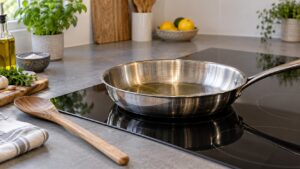 A stainless steel pan heating on a smooth black induction cooktop with a wooden spoon beside it