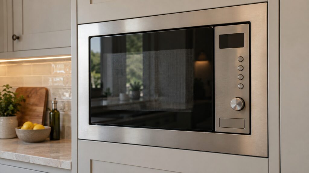 The control panel and closed door of a built-in microwave oven in a kitchen wall