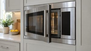 A built-in stainless microwave oven set into wall cabinetry with its door slightly open