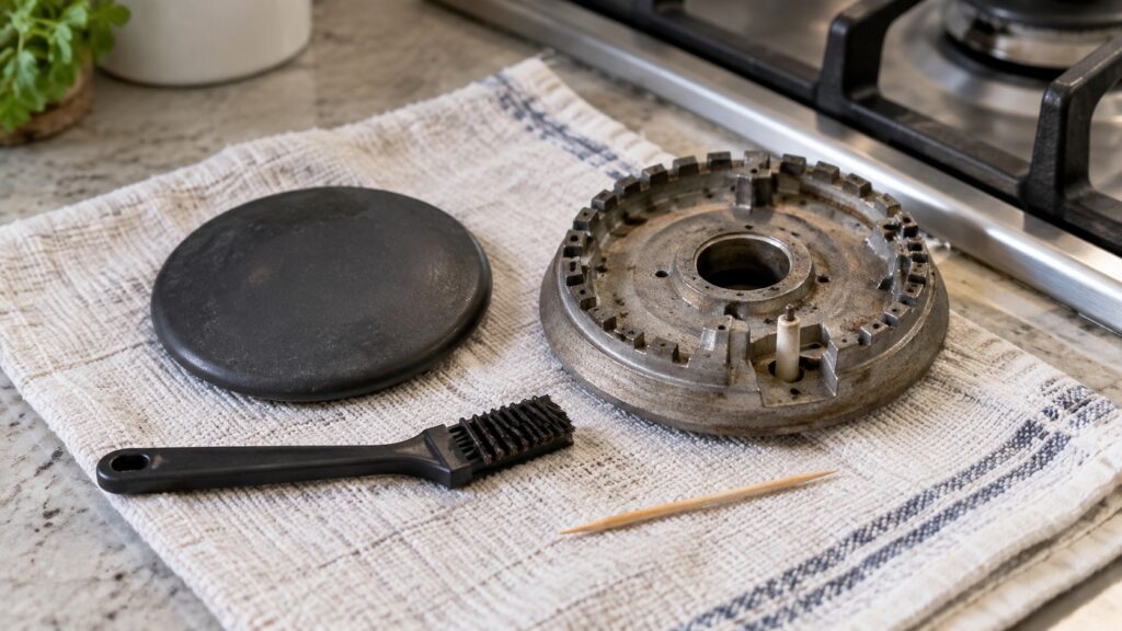 A removed gas burner cap and base on a towel beside a small brush and a toothpick