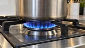 A gas cooktop burner with a steady ring of blue flame under a pot on a stainless cooktop