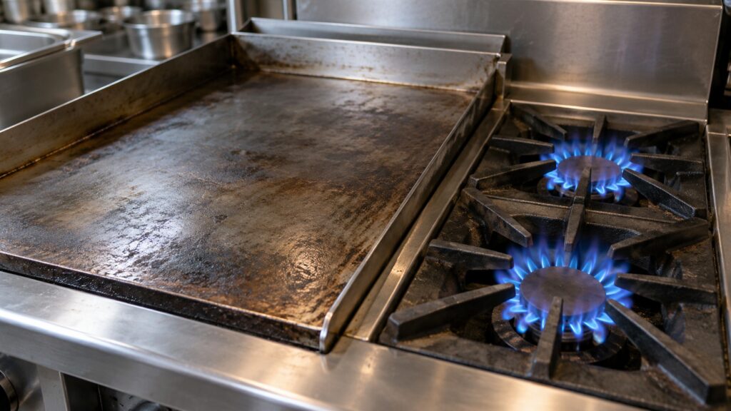 A close view of a flat griddle section beside two gas burners with star-shaped flames on a professional range