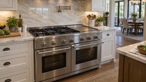 A wide stainless steel professional-style range with six burners and a griddle in a large kitchen