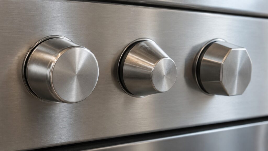 A row of three stainless steel oven control knobs of different shapes shown side by side in close view