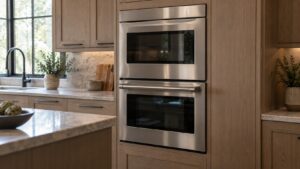 Two stainless steel wall ovens stacked in kitchen cabinetry, one with a sleek flush handle and one with a heavy commercial-style handle