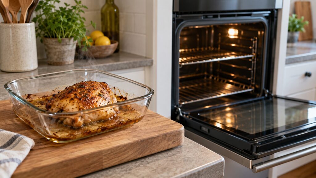 A glass baking dish with a golden crisp-skinned chicken thigh resting on a wooden board next to an open oven