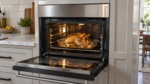 A built-in stainless steel speed oven in kitchen cabinetry with its door open and a roast chicken browning on a glass dish inside