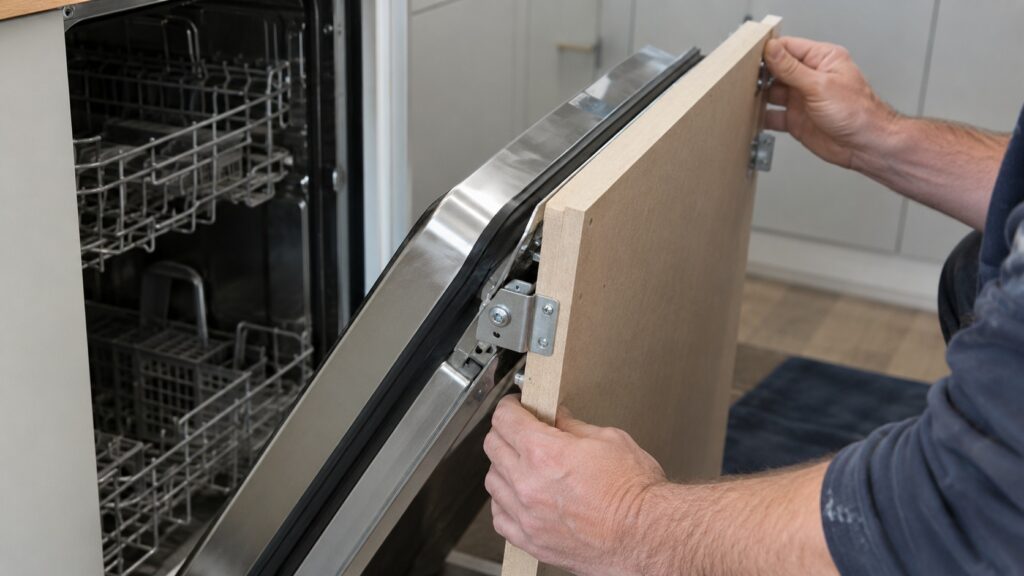The inside edge of a half-open dishwasher door with an unfinished cabinet panel being fitted to metal brackets