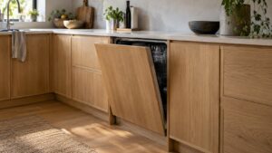 A dishwasher hidden behind a cabinet-matched wood panel in a kitchen with a slightly open door