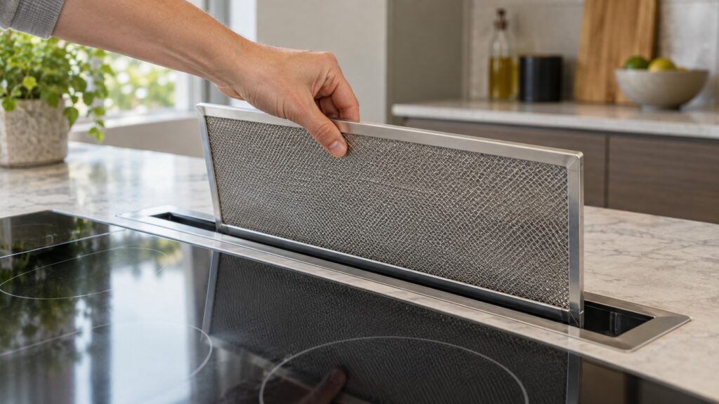 A hand lifting a rectangular metal mesh grease filter out of the narrow vent slot behind a cooktop