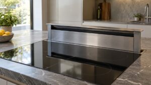 A stainless steel retractable vent rising from the back edge of a clean induction cooktop in a modern kitchen