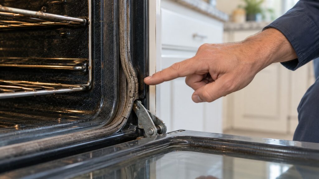 A close view of a worn oven door gasket and hinge with a technician hand pointing at the edge of the door