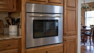 An older stainless steel built-in wall oven with a slightly worn handle in dated wood cabinetry