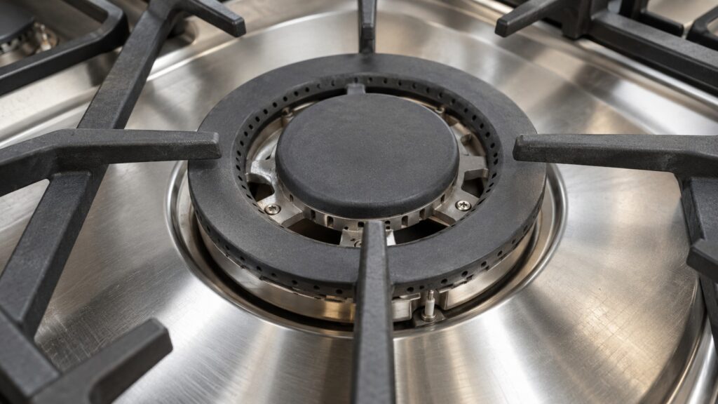 A close view of a large center gas burner with a ring of small flame ports on a stainless steel cooktop