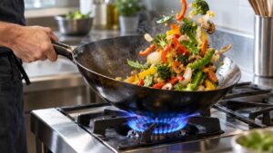 A carbon steel wok with vegetables mid-toss over a strong blue gas flame on a stainless steel gas cooktop