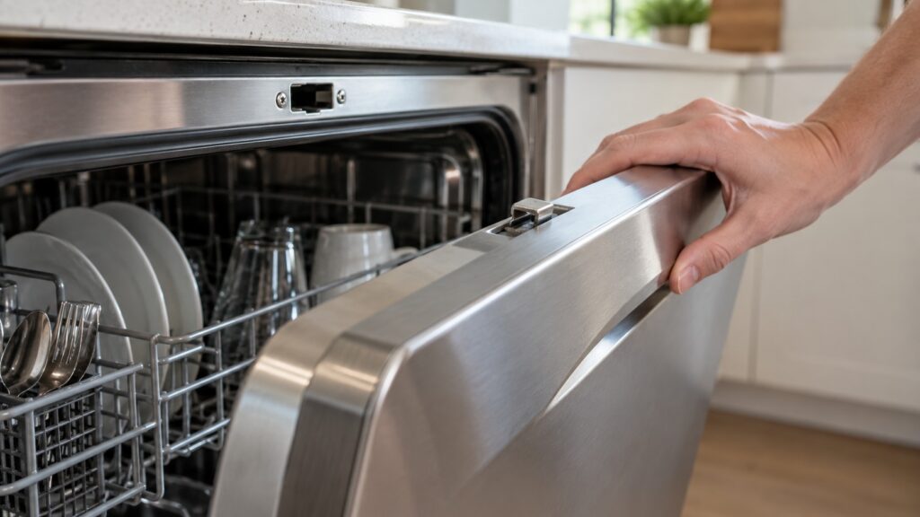 A hand pushing a dishwasher door closed with the metal latch and its slot in the tub edge visible