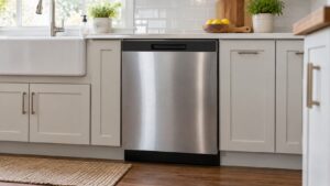 A closed stainless steel built-in dishwasher with a dark front control panel in a bright kitchen