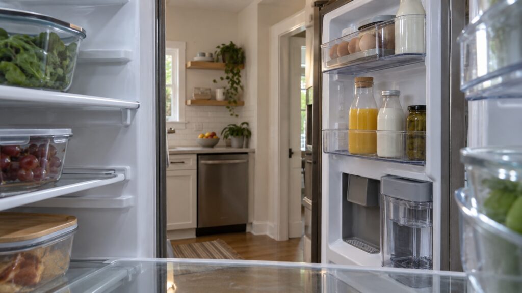 An open refrigerator door seen from inside, showing the shelves and an ice and water dispenser