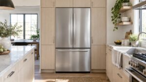 A built-in French door refrigerator standing flush with the cabinets of a bright kitchen