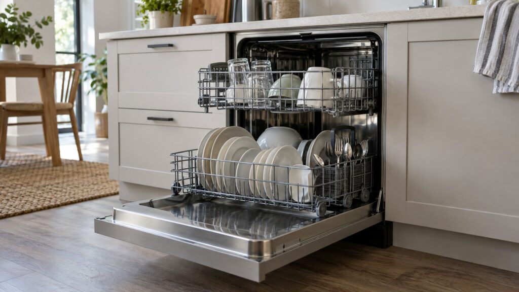 An open dishwasher door with the racks loaded with dishes