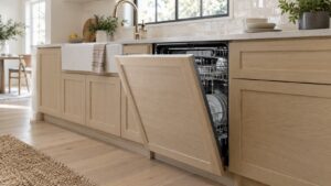 A built-in panel-ready dishwasher in a bright, light-colored kitchen