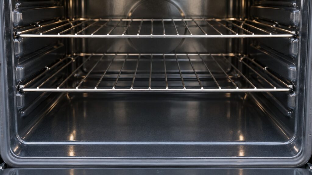 The lower part of an empty, cool oven cavity with clean racks and a smooth floor, no text or numbers visible