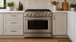 A professional-style stainless steel range standing flush against a kitchen wall between cabinets with even gaps, no text or numbers visible