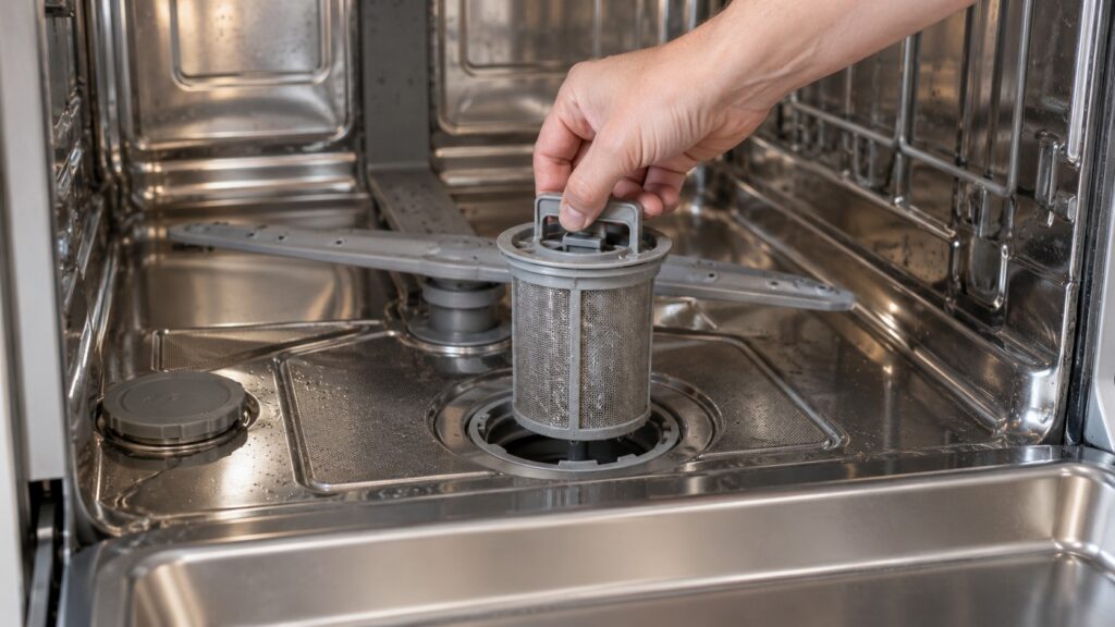 A hand lifting a round filter out of the bottom of a dishwasher tub