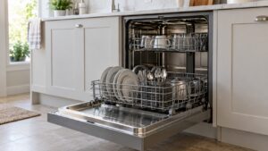 A built-in dishwasher with its lower basket pulled out of the tub