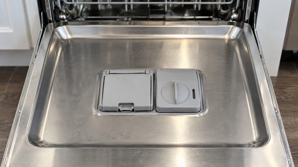 The detergent and rinse aid dispensers on the inside of an open dishwasher door, shown from the front and unmarked, no text or numbers visible