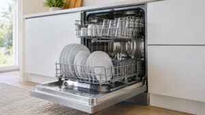 A stainless steel built-in dishwasher with its door open and clean, sparkling glasses and plates in the racks, no text or numbers visible