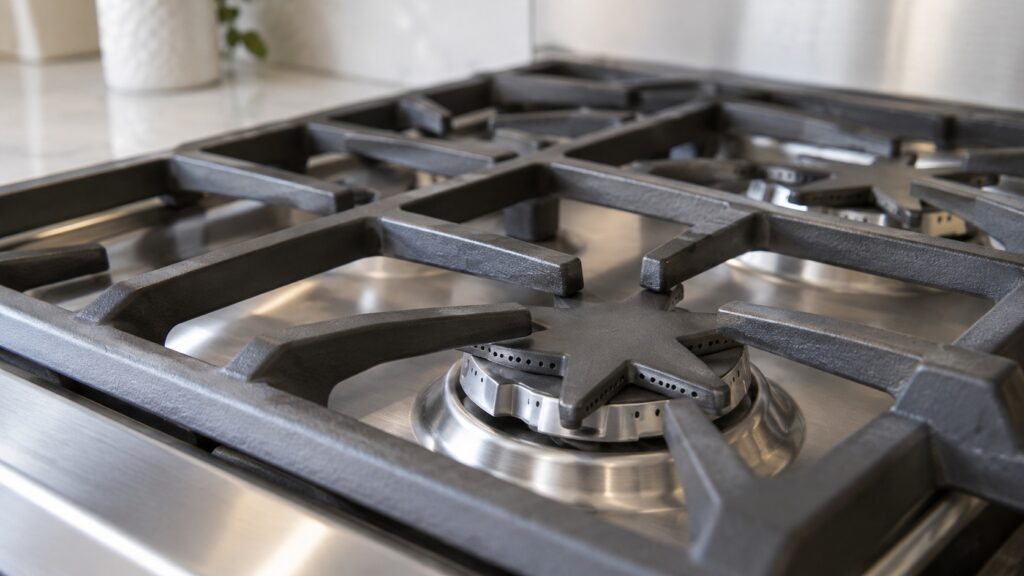 A close-up of star-shaped gas burner heads under a heavy cast iron grate on a clean range