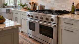 A professional 36-inch stainless steel gas range with heavy knobs in a large home kitchen