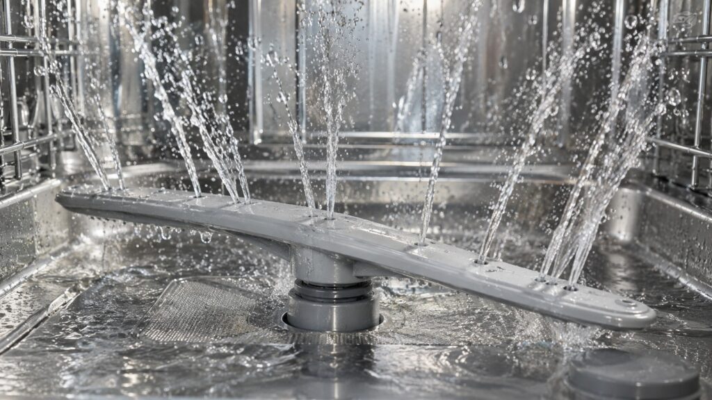 A close-up of a dishwasher spray arm with water jets spraying inside an empty tub
