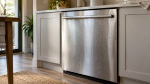 A built-in dishwasher running with fine condensation on its stainless steel door in a quiet kitchen