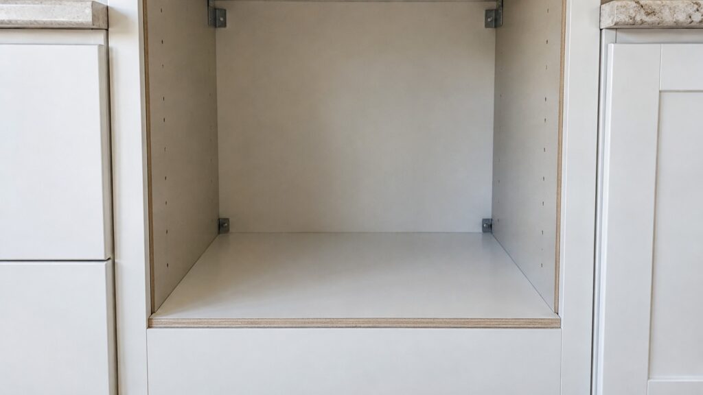 The bottom of an empty built-in oven niche showing a level, smooth supporting base, seen from the front, no text or numbers visible