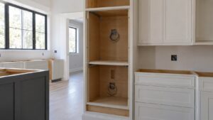 An empty tall built-in cabinet niche prepared for a double wall oven in a bright kitchen under construction, no text or numbers visible