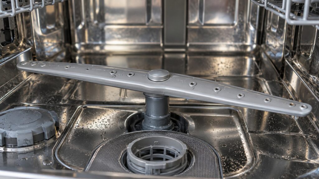 A close view of a dishwasher spray arm with clean evenly spaced spray holes, no text or numbers visible