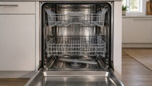 An open built-in stainless dishwasher showing clean baskets and a spray arm at the bottom of the tub, no text or numbers visible