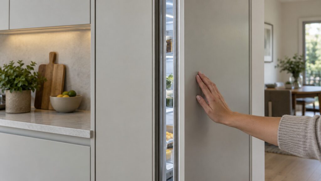 A hand gently closing the door of a level built-in refrigerator