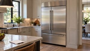 A built-in stainless steel refrigerator in a custom kitchen with a notebook and pen resting on the counter beside it