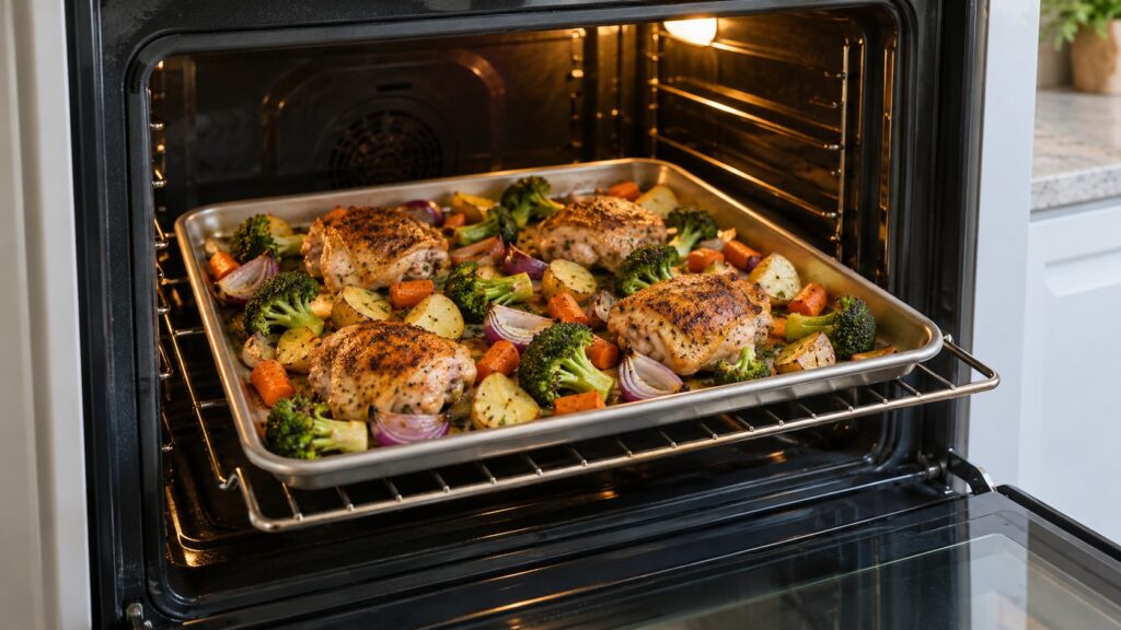 A sheet pan of roasted vegetables and chicken pieces spaced apart on an oven rack, no text or numbers visible