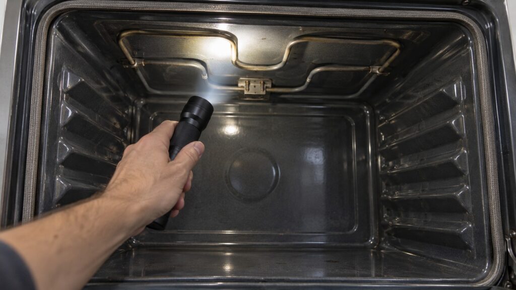 A hand holding a flashlight to look at the upper heating element inside a cool empty oven